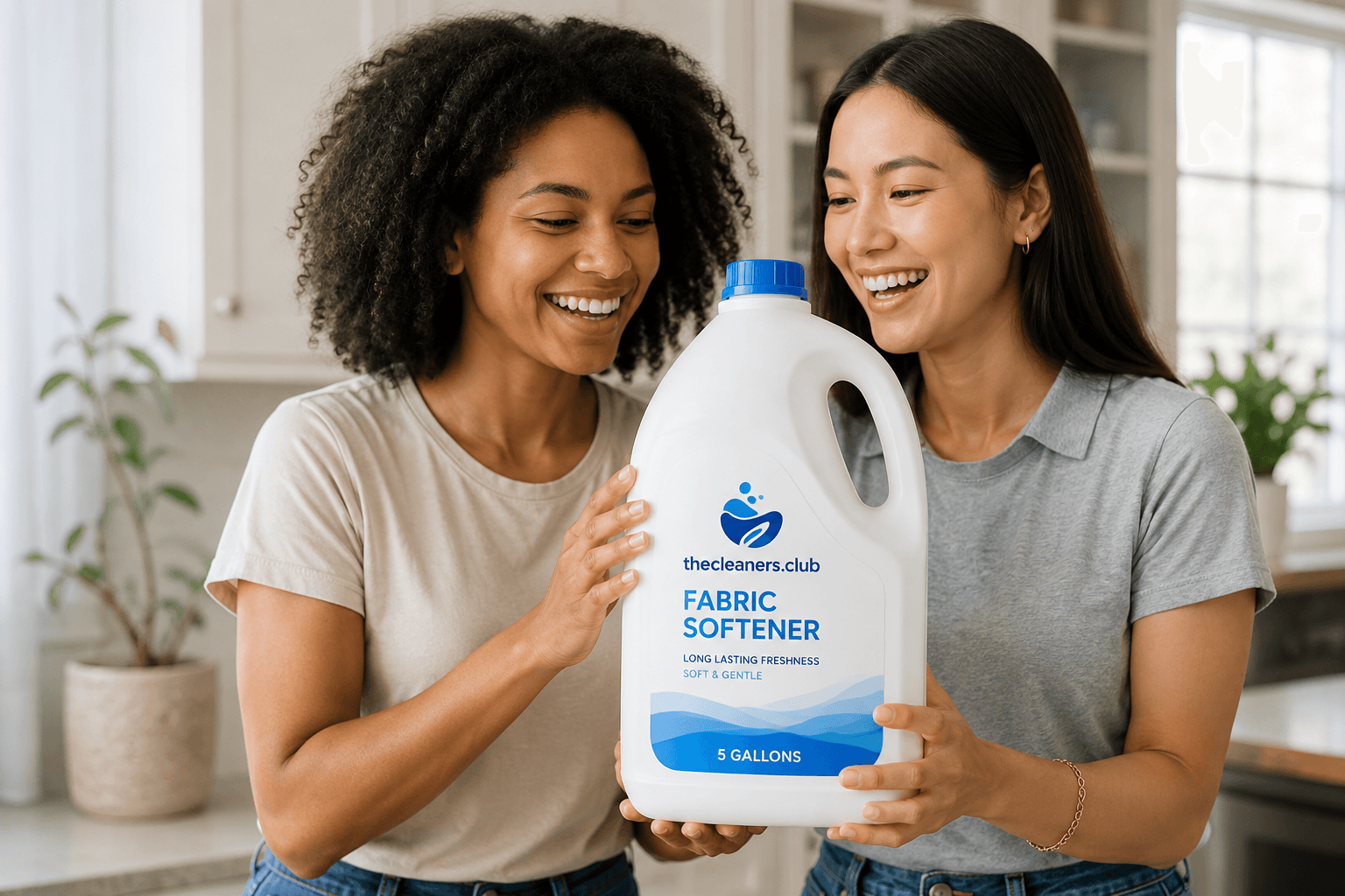 Two friends sharing a referral link and a free gallon of laundry detergent